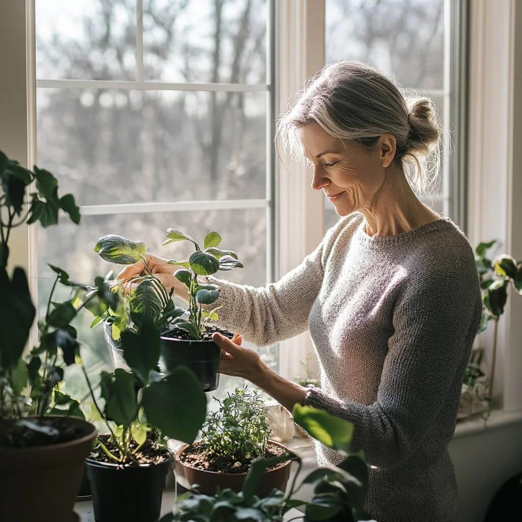成熟女性在窗邊陽光下細心照顧室內盆栽